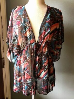 Bisou Bisou Sheer Paisley Tie-Front Blouse in Pink, Blue & Brown